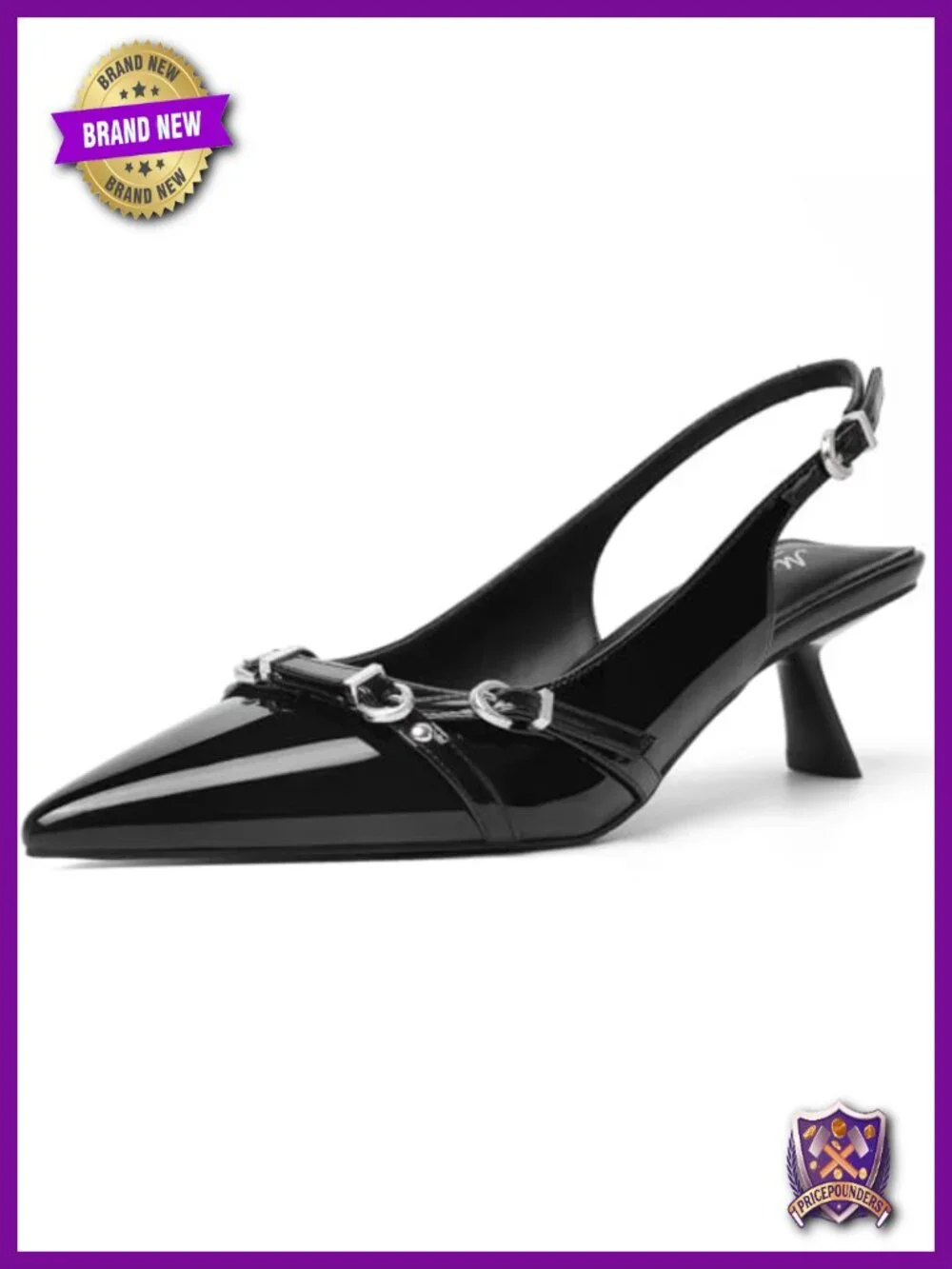 Kitten Heels Pointed Toe Pumps Patent Leather Slingback Buckle Dress Shoes
